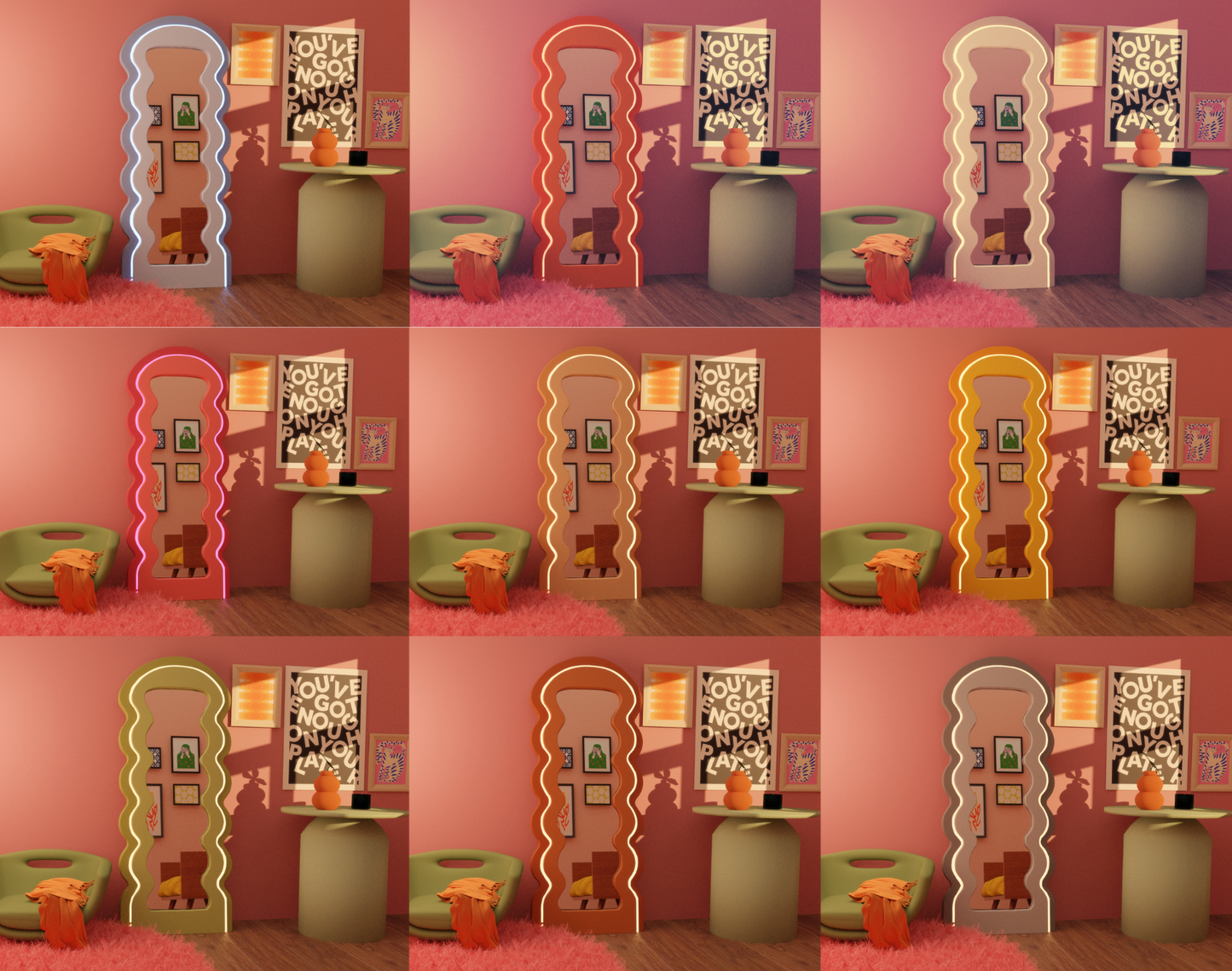 collage of floor length wavy mirror with LEDs in various colors