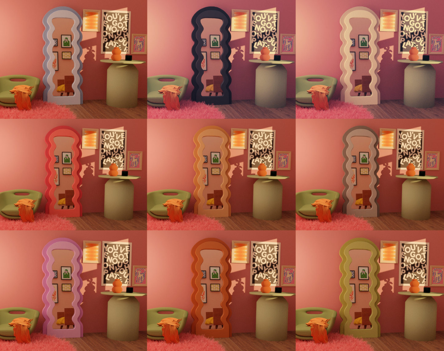 collage of layered floor length curvy mirror in various colors