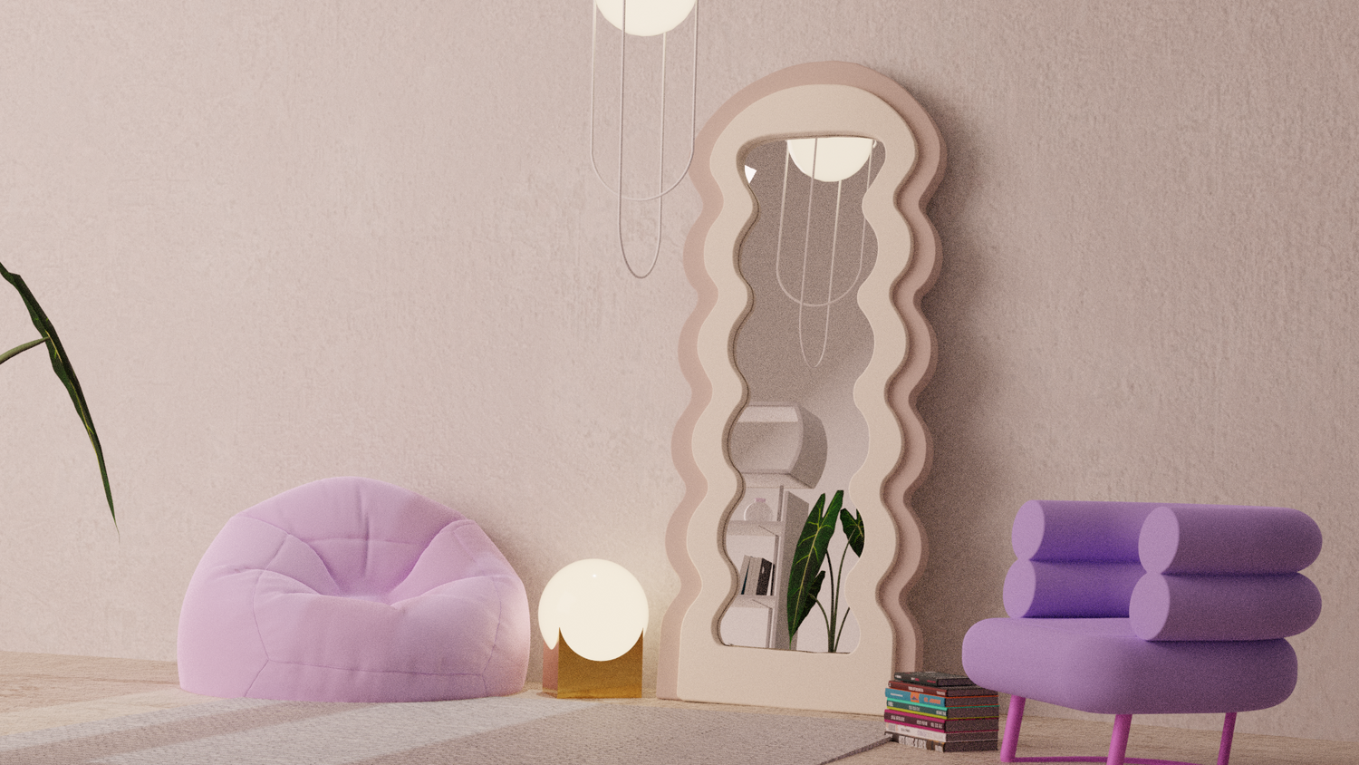 Tall wavy mirror in white. Eclectic decor. Floor globe lamp and lavender bean bag chair.