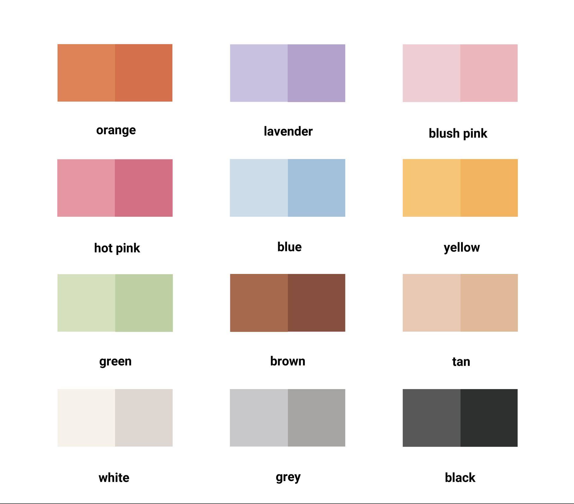 color chart: orange, lavender, blush pink, hot pink, blue, yellow, green, brown, tan, white, grey, and black.