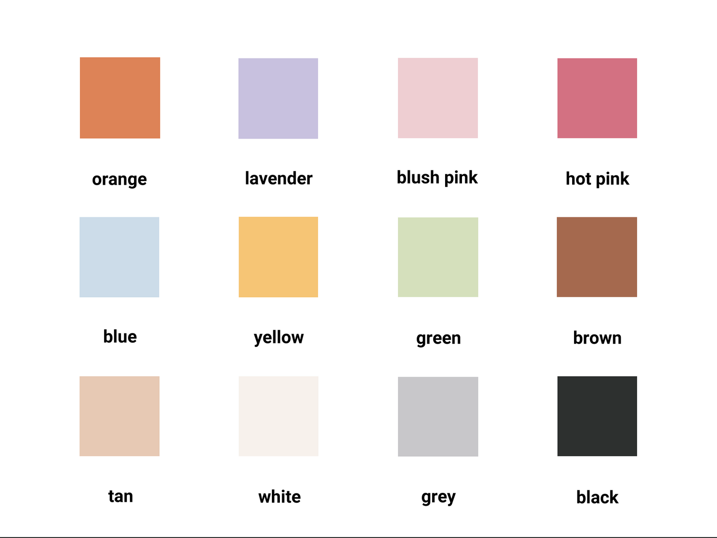 color chart: orange, lavender, blush pink, hot pink, blue, yellow, green, brown, tan, white, grey, and black